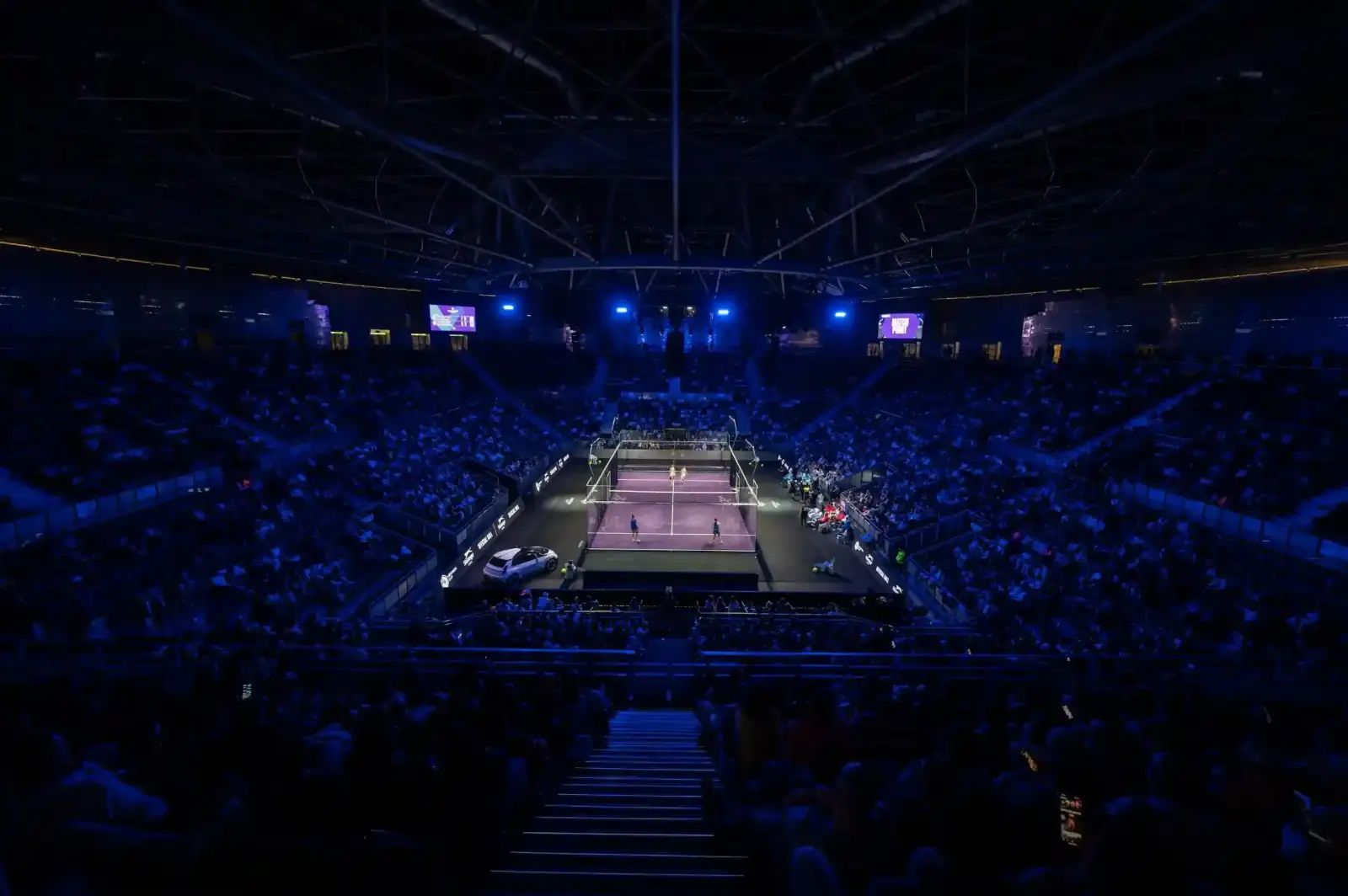 High-angle view of the 2025 Hexagon Cup arena in Madrid, packed stands around the Portico Sport show court